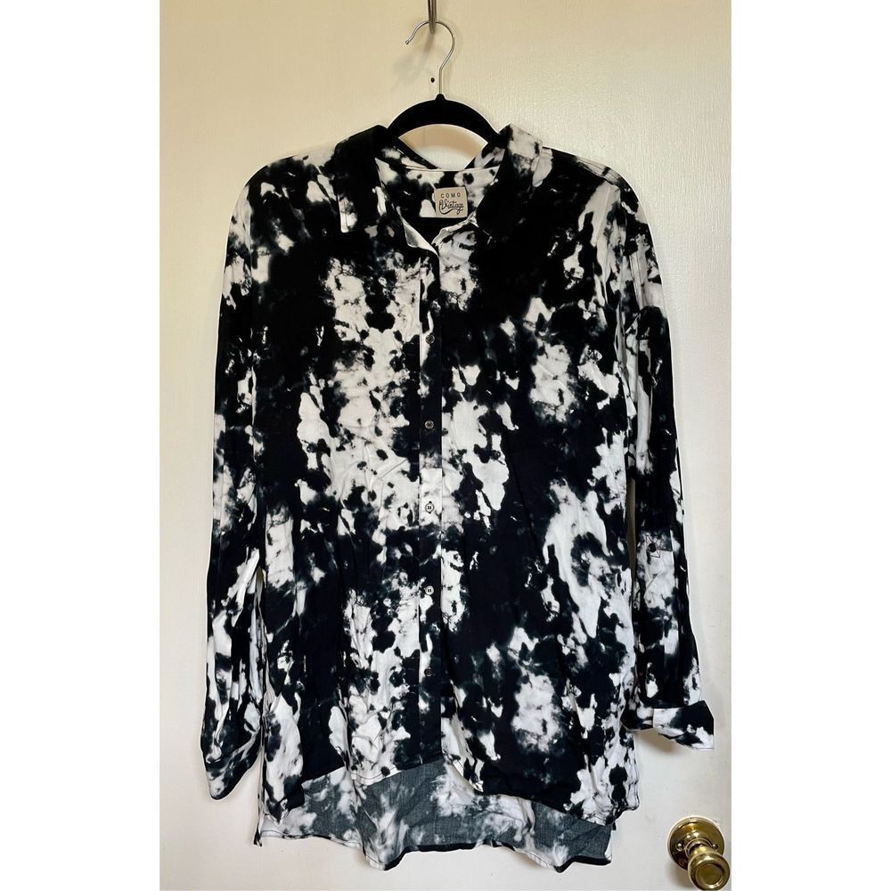 Cosmo vintage long sleeve button down black and white blouse size L. - Picture 2 of 12
